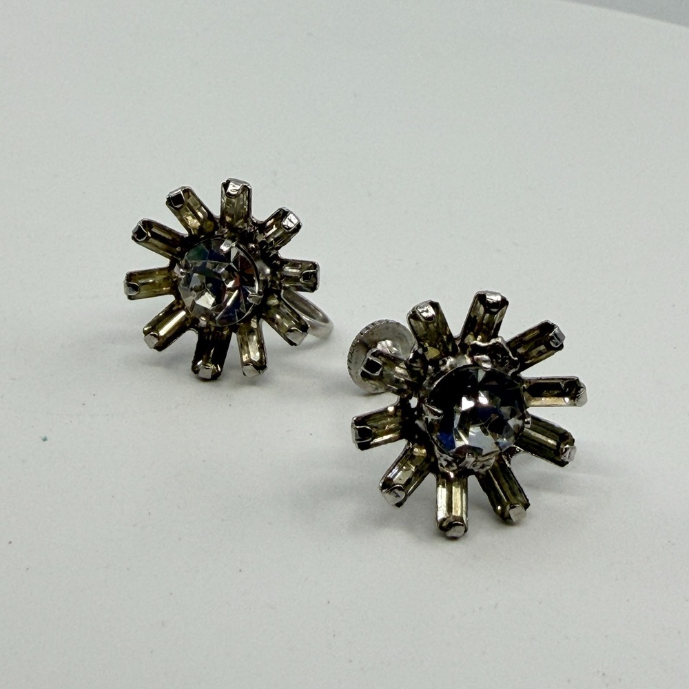 Vintage Sunburst Screw Back Earrings Clear Crystal Rhinestone Starburst Jewelry